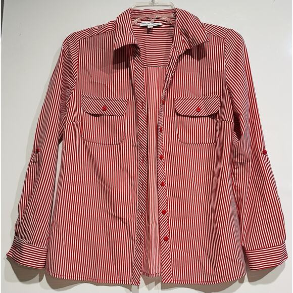 Notations Petite Red and White Striped Button Up Blouse PS Top Business Casual - Picture 1 of 7
